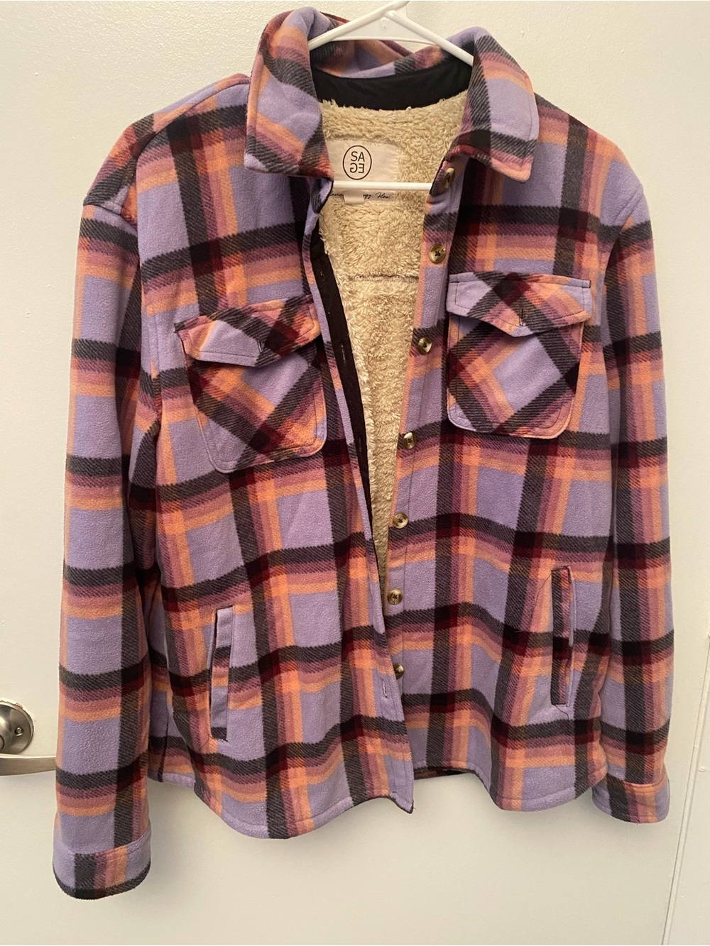 Sage Lavender & Orange Plaid Sherpa-Lined Utility Shacket